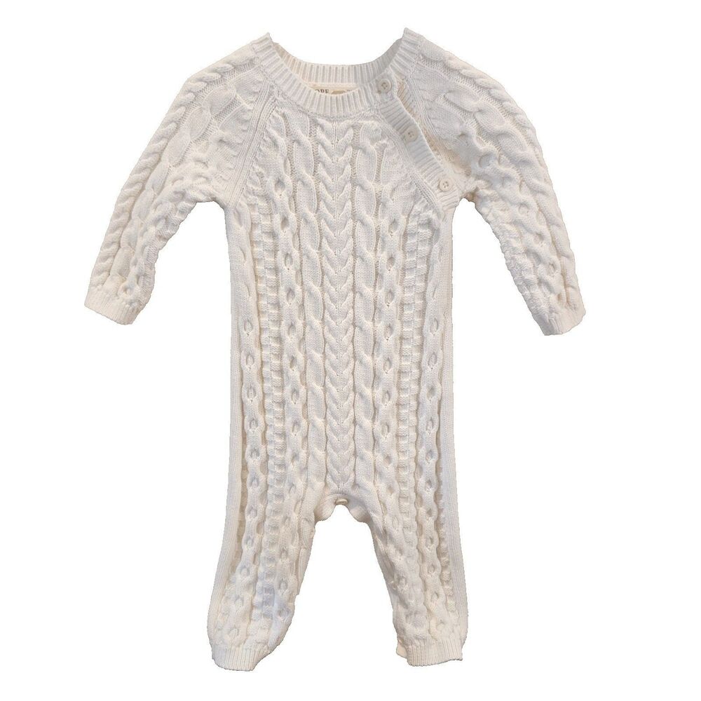 Hope & Henry Baby 6-12M White Cable Knit Sweater Romper One Piece Cotton